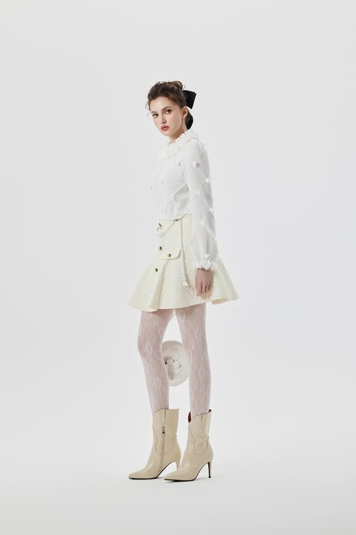 3-D Floral Long Sleeve Top With Ruffle Collar,White tops,White tops