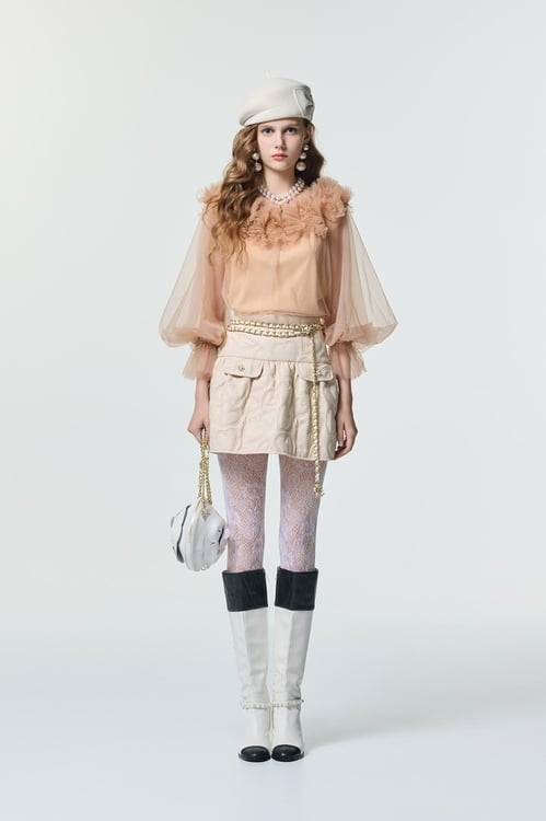 Light Caramel Pleated Ruffle Detail Top,Tops