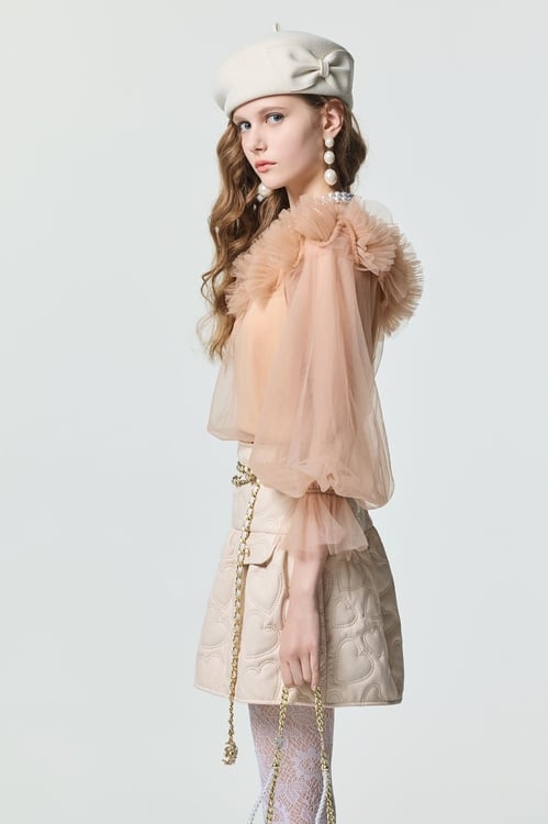 Light Caramel Pleated Ruffle Detail Top,Tops