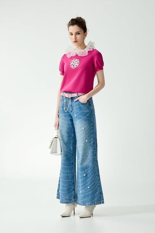 Front Floral Logo With Ruffle Collar Short Sleeve Top,Tops