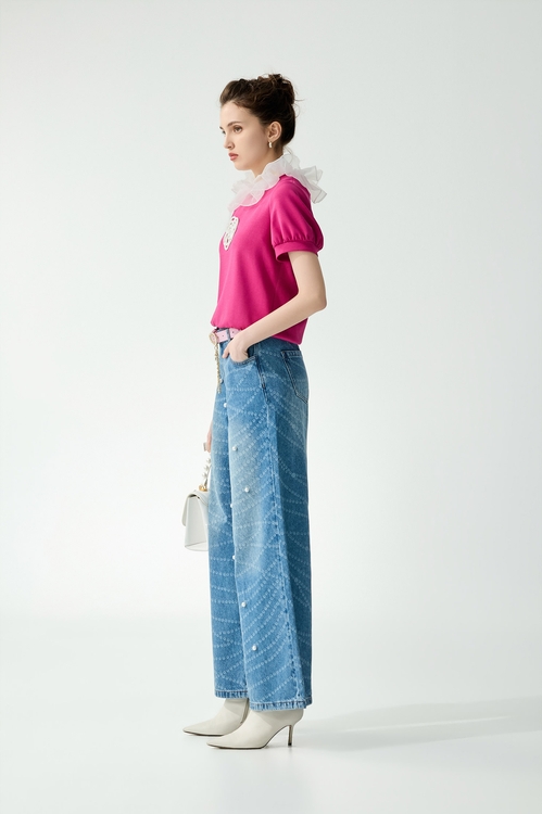 Front Floral Logo With Ruffle Collar Short Sleeve Top,Tops