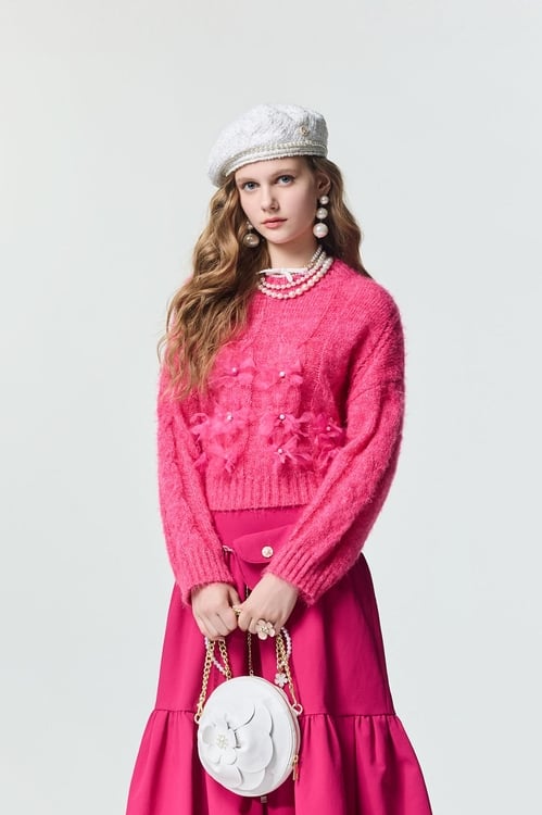 Mesh Floral Detail Knit Top,Tops