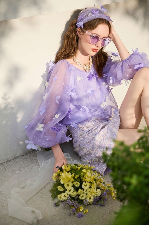 3-D Butterfly Sequin Detail Top,Mesh fabric