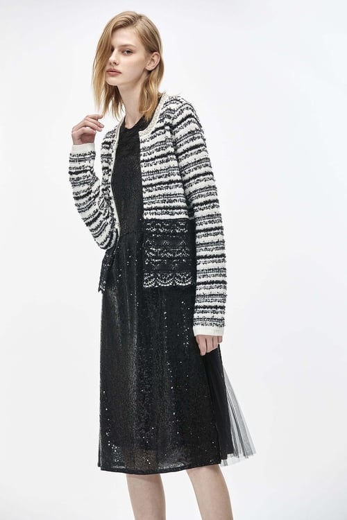 Black Stripe Cardigan With Lace,Ready for Winter