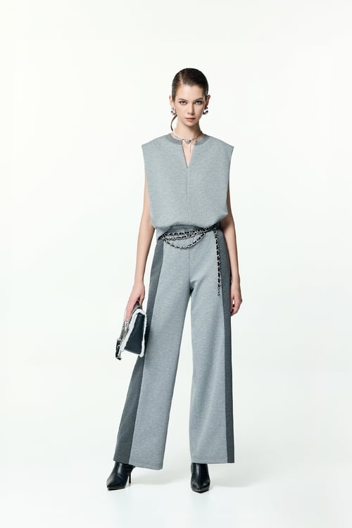 Contrast Trim Colour Wide Leg Pants,Embroidered,Embroidered