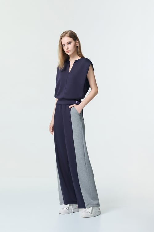 Contrast Trim Colour Wide Leg Pants,Embroidered,Embroidered