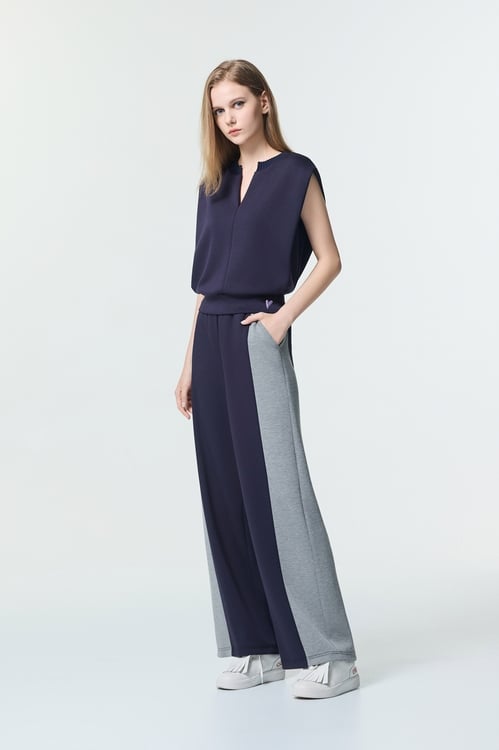 Contrast Trim Colour Wide Leg Pants,Embroidered,Embroidered