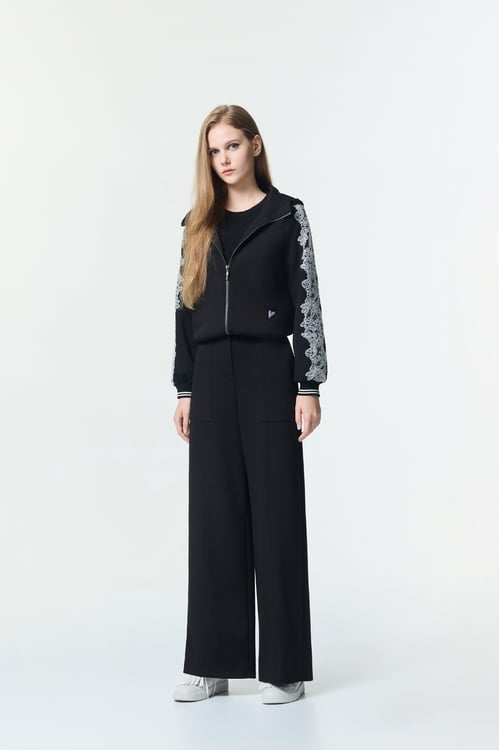 Wide Leg Black Casual Pants,Embroidered,Embroidered