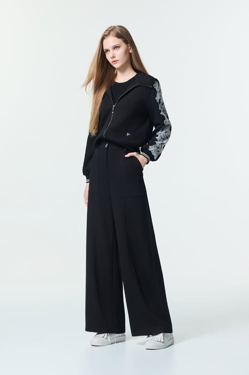 Wide Leg Black Casual Pants,Embroidered,Embroidered