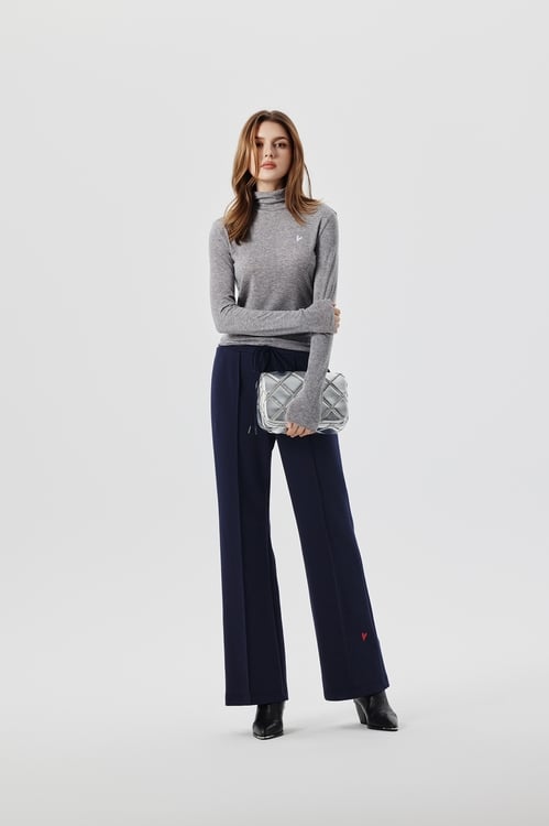 Navy Straight Cut Pants,Embroidered,Embroidered