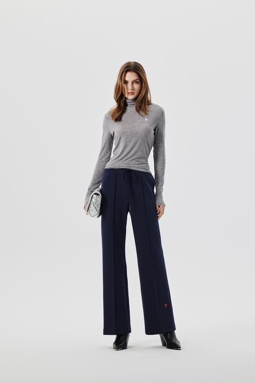 Navy Straight Cut Pants,Embroidered,Embroidered