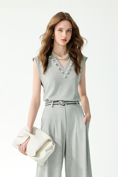 V-neck Pearl Detail Vest,White tops,White tops