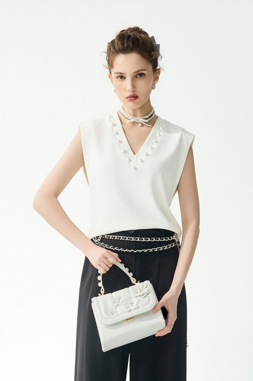 V-neck Pearl Detail Vest,White tops,White tops