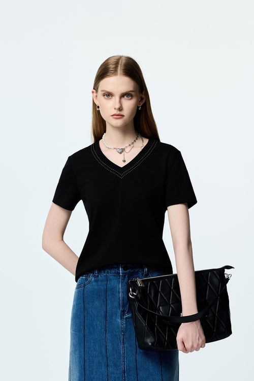 V-neck Contrast Stitch Detail Tee,Black tops,black tops