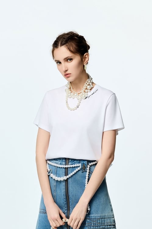 Embroidered Slogan Basic Tee,White tops,White tops