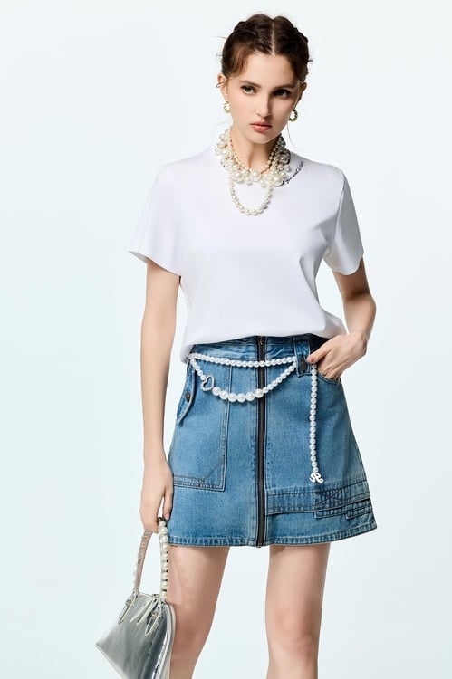 Embroidered Slogan Basic Tee,White tops,White tops