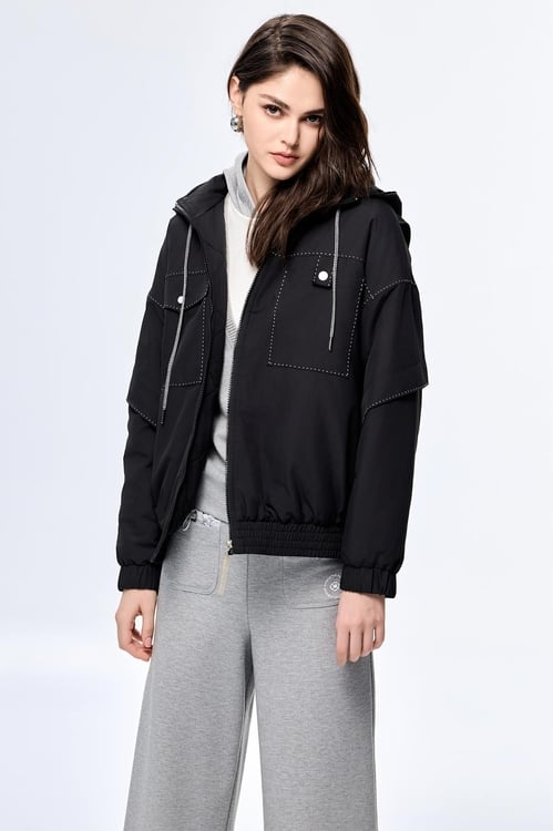 Embroidered Thread Warm Jacket,Black outerwear