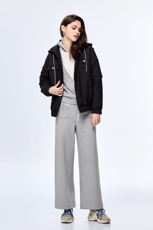 Embroidered Thread Warm Jacket,Black outerwear