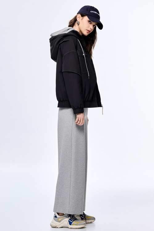 Embroidered Thread Warm Jacket,Black outerwear