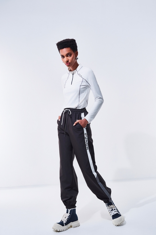 Color-Contrast Striped Casual Pants,Black pants