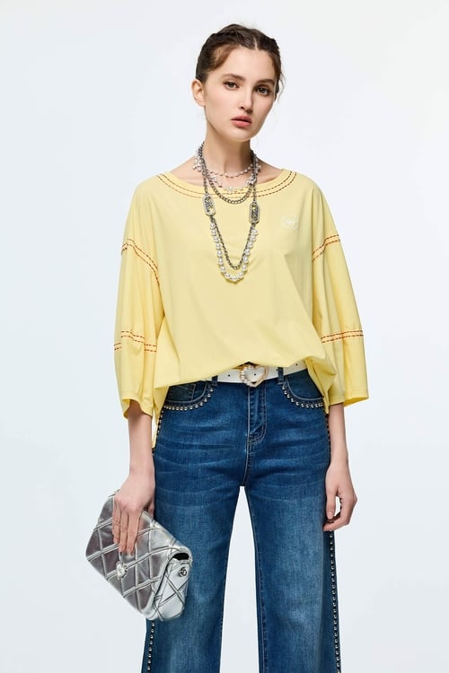 Contrast Stitch Detail High Performance Collagen Top,Casual