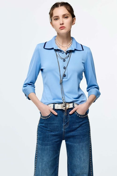 Contrast Trim Detail Sun Protection Collagen Polo Shirt,Casual