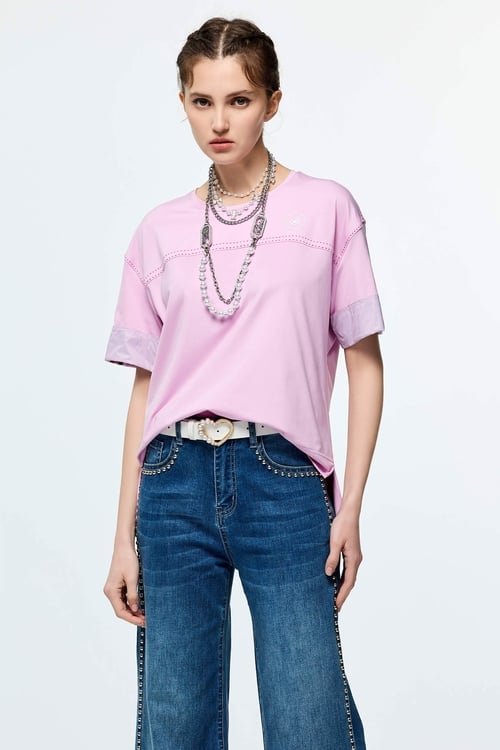 Contrast Stitch Detail Moisture Wicking Collagen T-Shirt,Casual