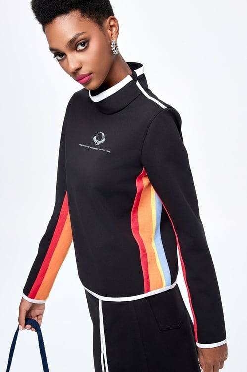 Flame-Colored Knit Detail Top,Turtleneck tops