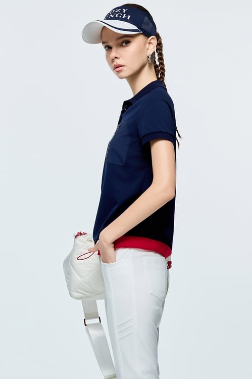 Contrast Hem Navy Polo Tee,COZY PUNCH