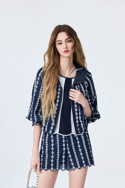 Navy Hoodie Jacket With Contrast Lace Detail