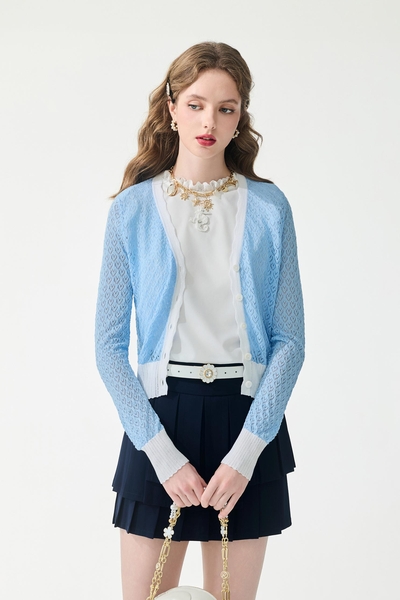 Contrast White Trim Blue Knit Cardigan
