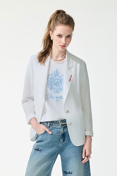 Embroidery Slogan Linen Blazer