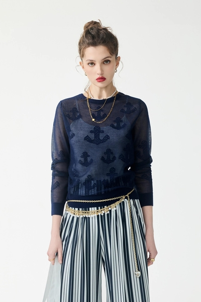 Anchor Motif Navy Knit Cardigan