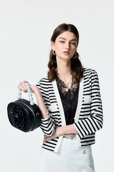 Black White Stripe V-neck Jacket