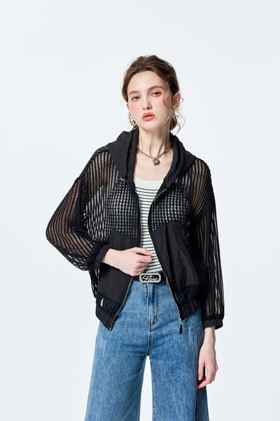 Front Zip Mix Fabric Hoodie Jacket