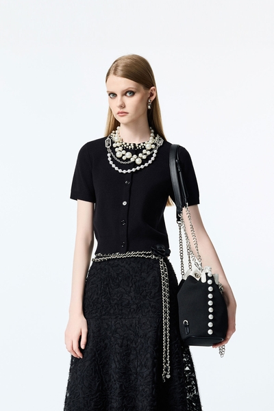 Short Sleeve Knit Outerwear With Pearl Detail