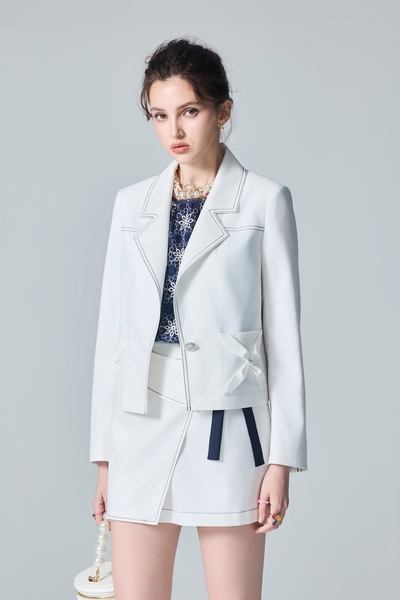 Navy Stitch Detail White Blazer