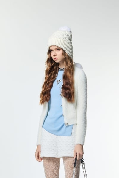 V-neck Faux Fur Knit Cardigan