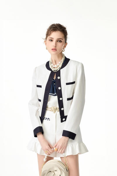 Button Front Jacket With Contrast Navy Trim Detail