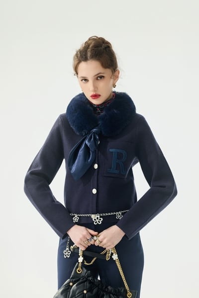 Detachable Faux Fur Collar Navy Cardigan