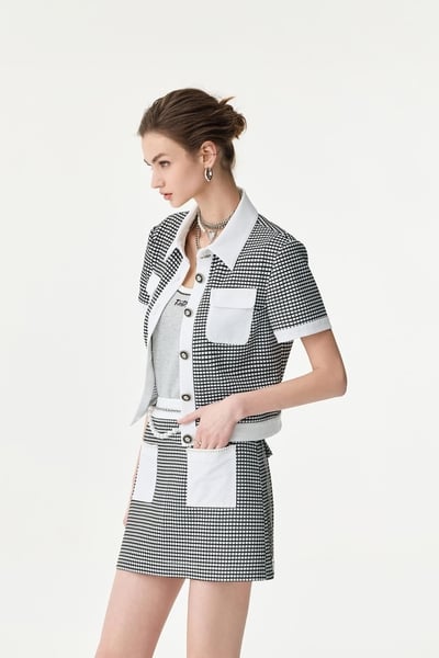Short Sleeve Contrast Plaid Crop Jacket