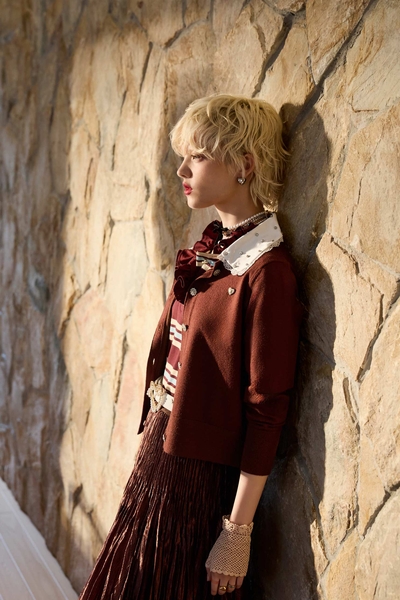 Contrast Peter Pan Collar Mahagony Knit Cardigan