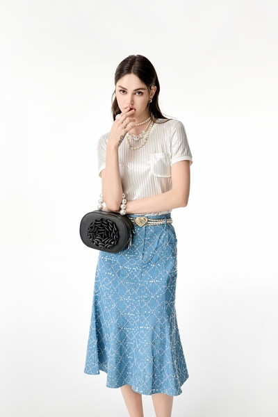 Sequin Fishtail Denim Skirt