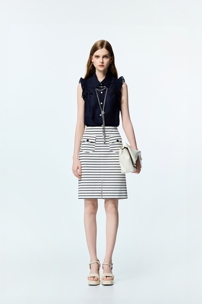 Front Slit Navy Stripe Skirt