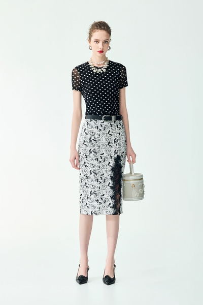 Rose Print Lace Detail Pencil Skirt