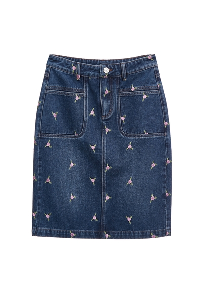 Rose Embroidery Denim Pencil Skirt