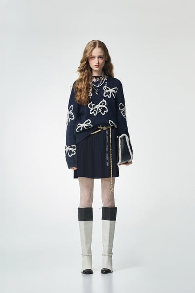 Navy Pleated Knit Skirt