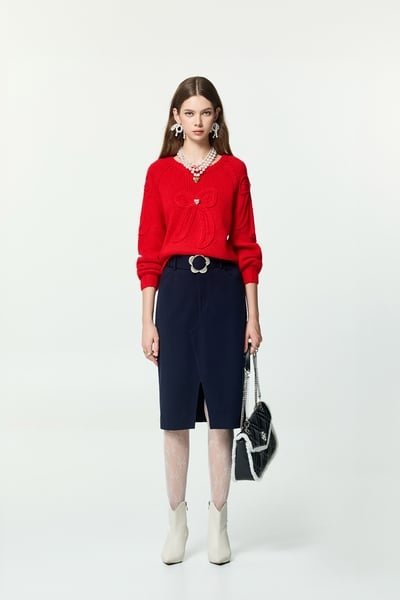 Front Slit Navy Corduroy Skirt