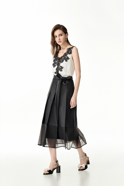 Organza Contrast Pleated Skirt