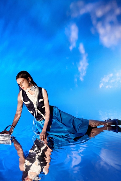 Stitching Detail Blue Midi Skirt